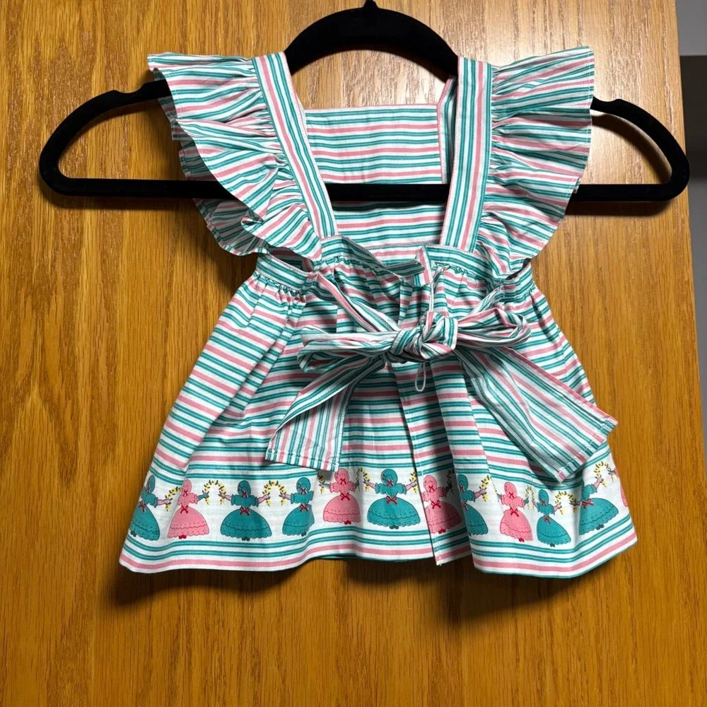Vintage Baby toddler Floral Print Ruffle Sleeves Apron style strips Dutch ladied